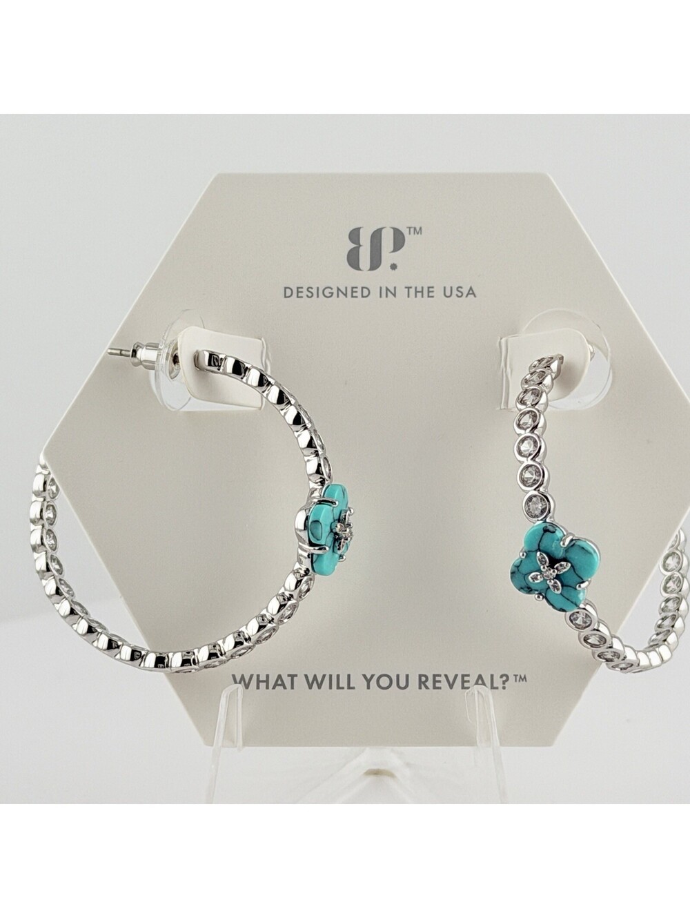 Bomb Party Hoops "The Gwenn Earrings" Turquoise Magnesite on Rhodium Clover